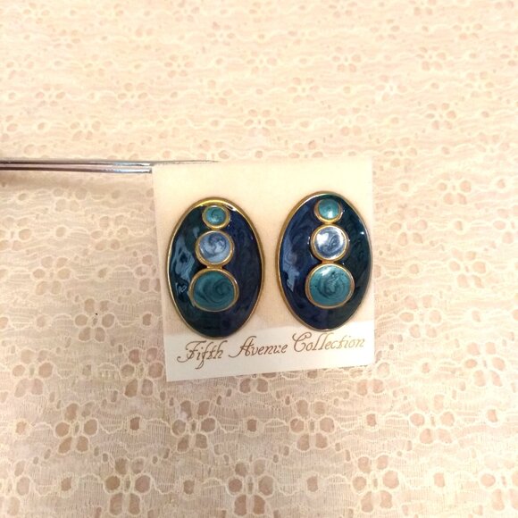 Vintage Teal Blue Enamel Gold Tone Large Oval Earrings Non-Pierced Clip Earrings - Picture 2 of 8